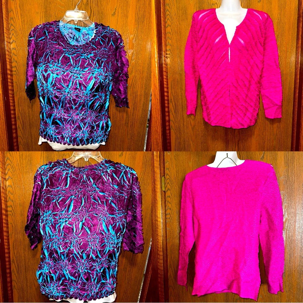 Lot of 2 Women’s Puffy-Stretchy 3/4 to long sleeve tops EUC blue purple pink